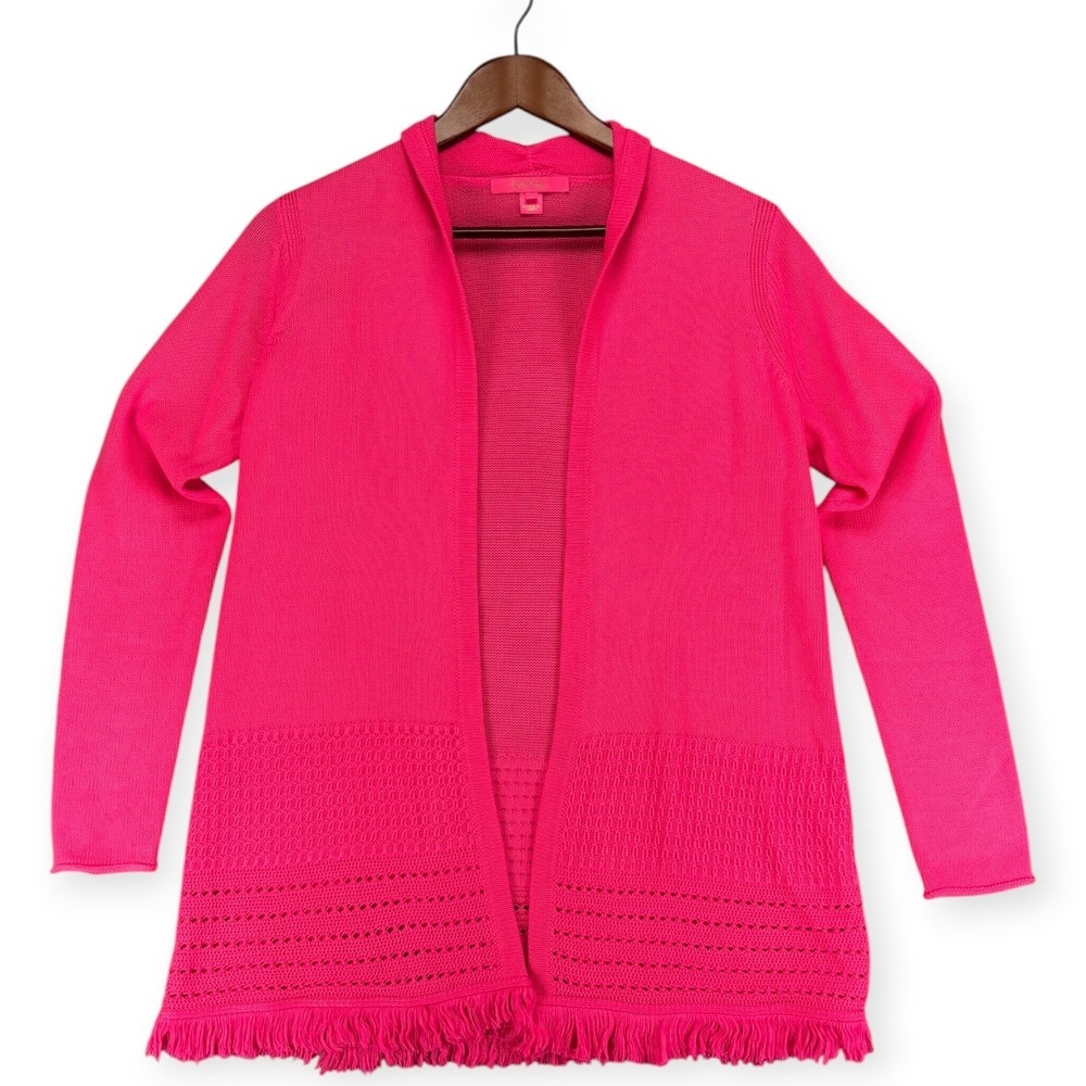 Lilly Pulitzer M Pink Open Front Fringe Hem Knit Cardigan Preppy Coastal Sweater